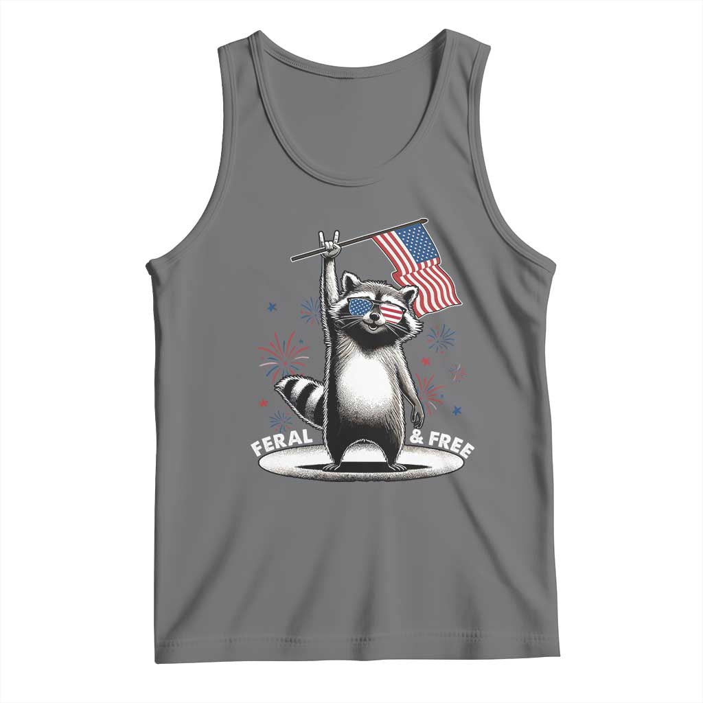 Funny Feral And Free Tank Top 4th of July Patriotic Raccoon With American Flag Fireworks TS11 Black Heather Print Your Wear