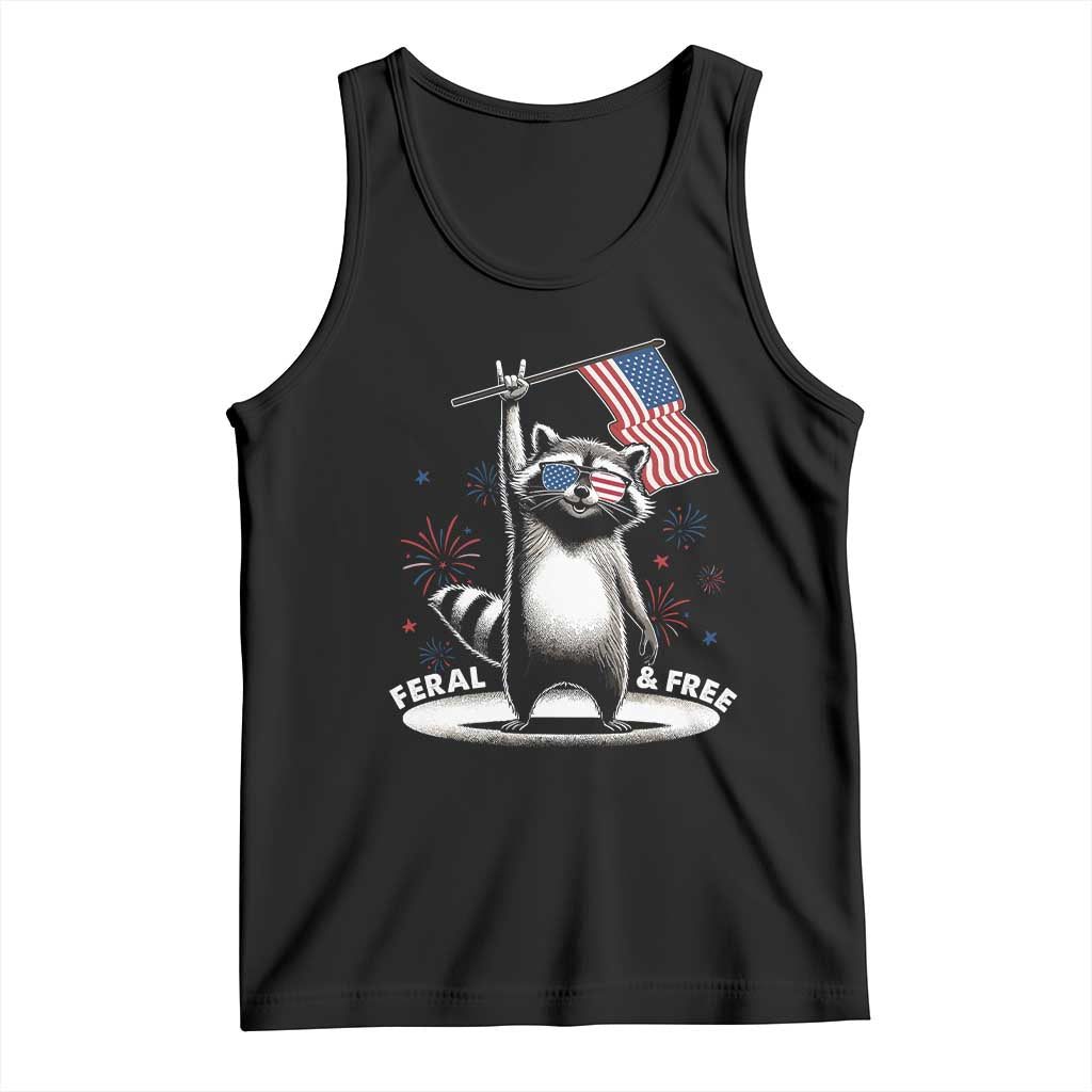 Funny Feral And Free Tank Top 4th of July Patriotic Raccoon With American Flag Fireworks TS11 Black Print Your Wear