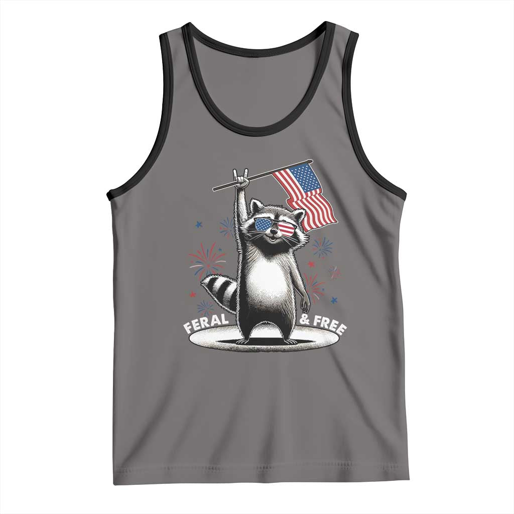 Funny Feral And Free Tank Top 4th of July Patriotic Raccoon With American Flag Fireworks TS11 Deep Heather Black Print Your Wear