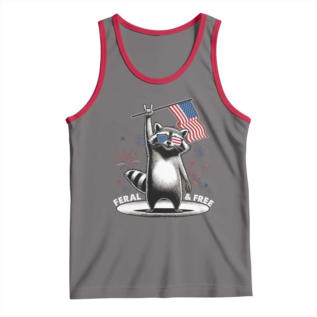 Funny Feral And Free Tank Top 4th of July Patriotic Raccoon With American Flag Fireworks TS11 Deep Heather Red Print Your Wear