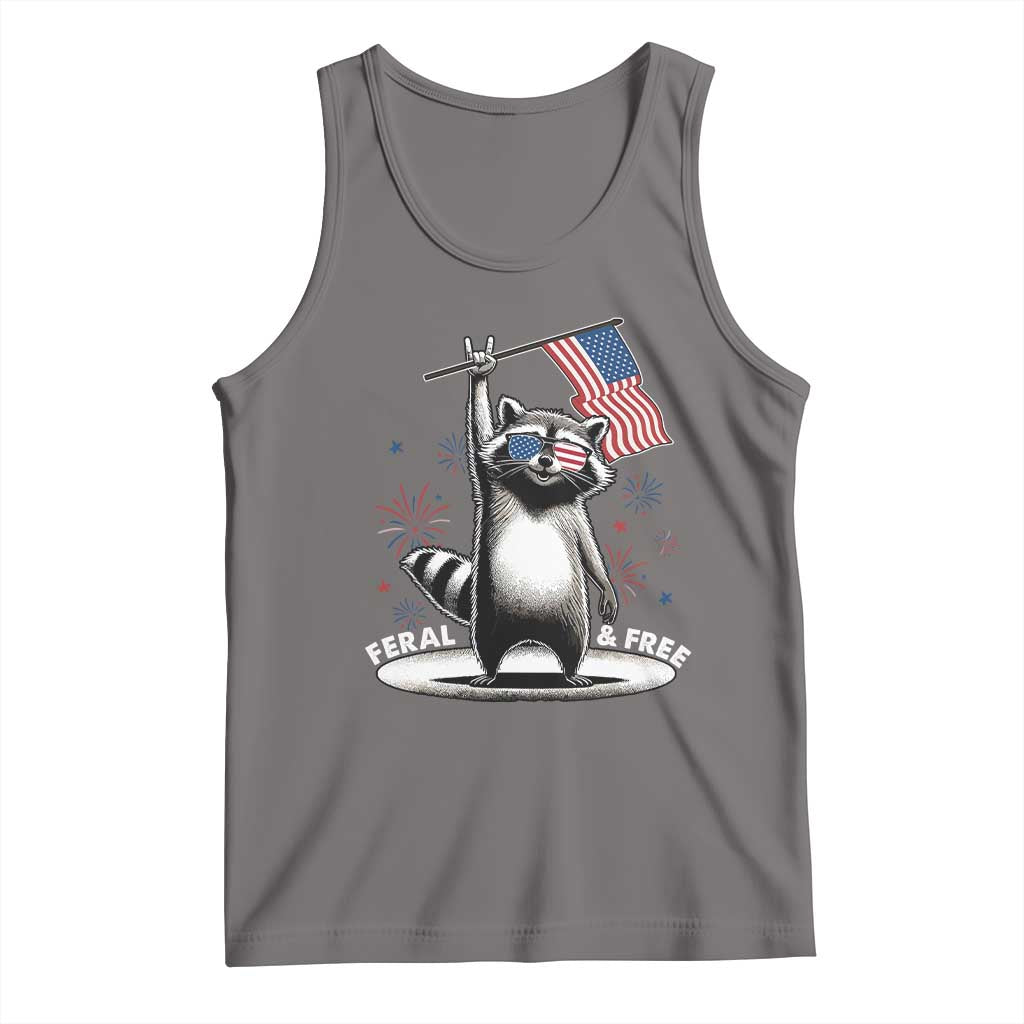 Funny Feral And Free Tank Top 4th of July Patriotic Raccoon With American Flag Fireworks TS11 Deep Heather Print Your Wear