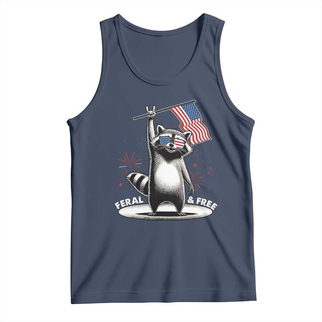 Funny Feral And Free Tank Top 4th of July Patriotic Raccoon With American Flag Fireworks TS11 Navy Print Your Wear
