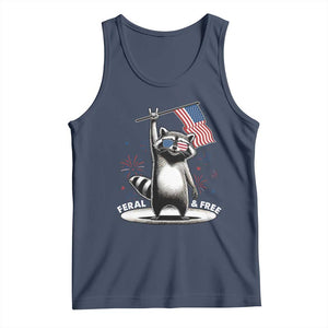 Funny Feral And Free Tank Top 4th of July Patriotic Raccoon With American Flag Fireworks TS11 Navy Print Your Wear