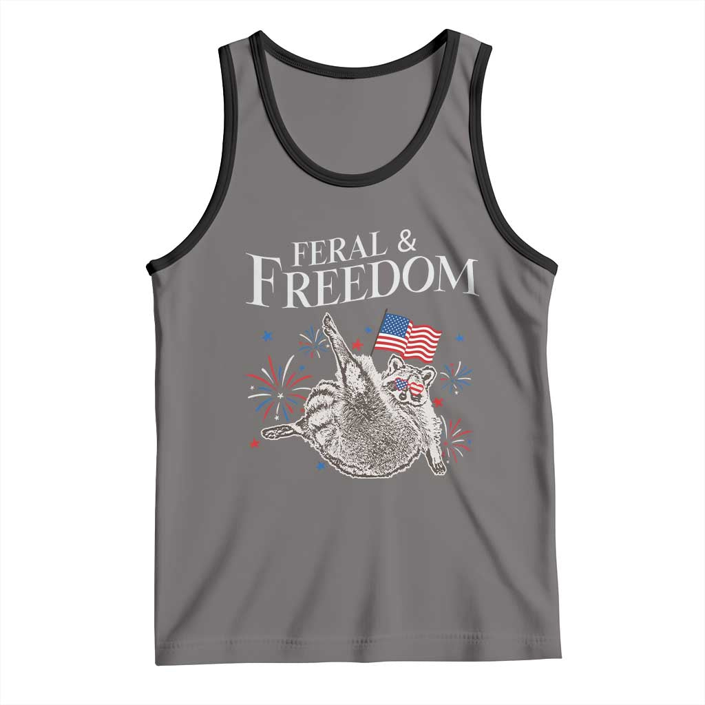 Funny Feral And Free Tank Top 4th of July Patriotic Raccoon With American Flag TS11 Deep Heather Black Print Your Wear