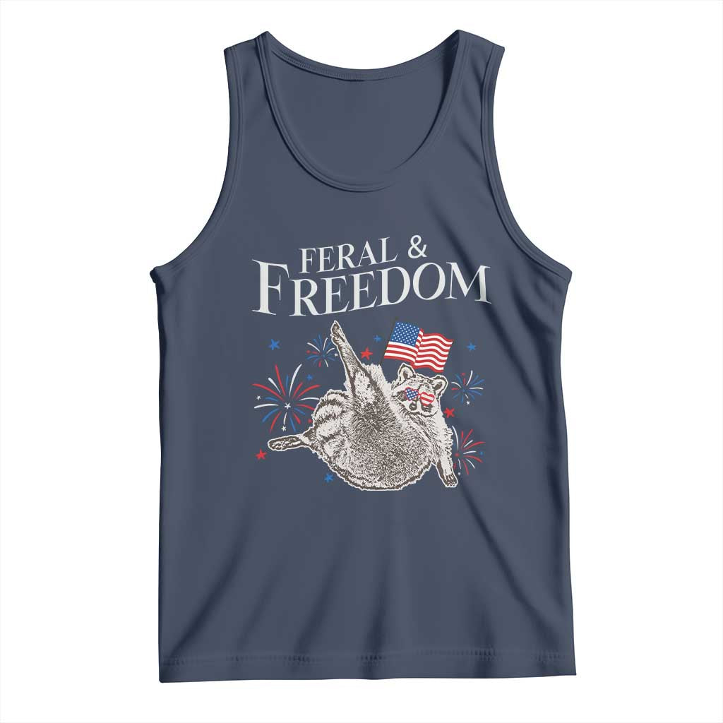 Funny Feral And Free Tank Top 4th of July Patriotic Raccoon With American Flag TS11 Navy Print Your Wear