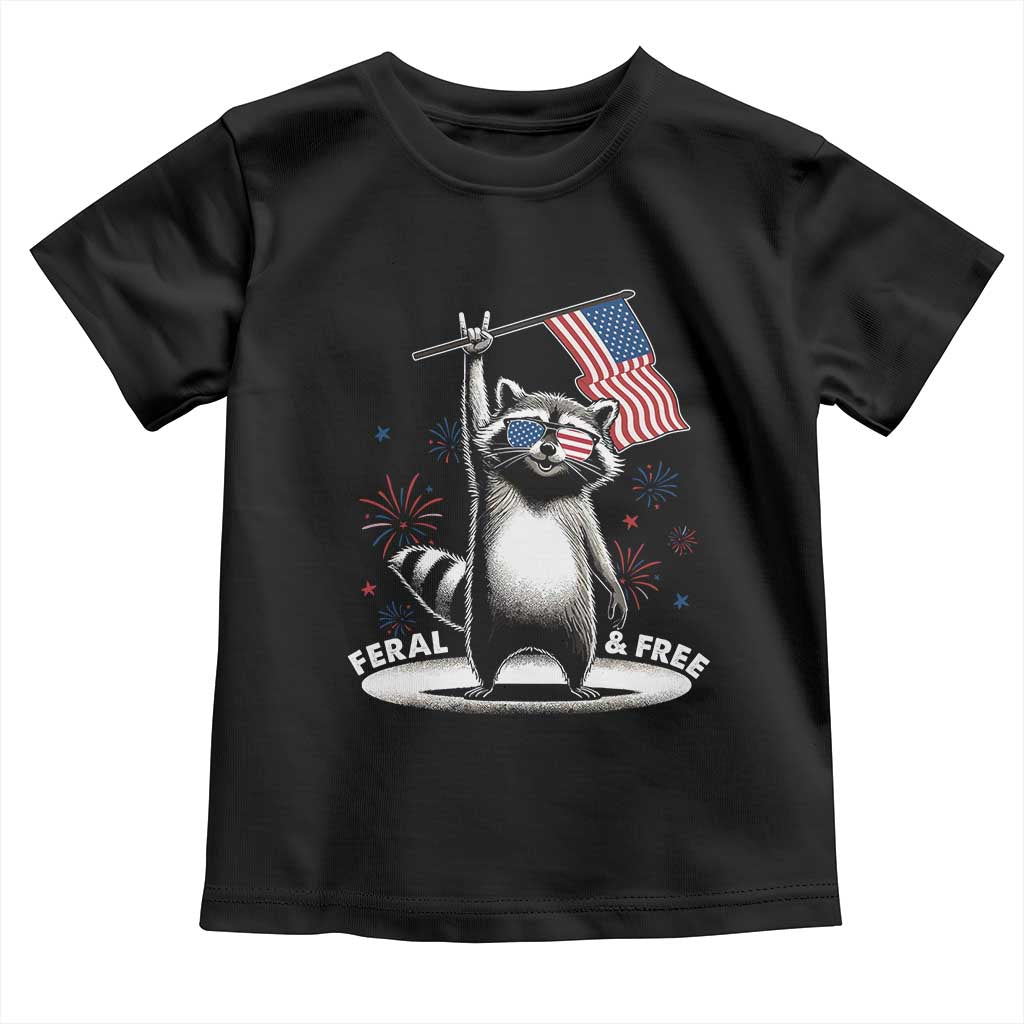 Funny Feral And Free Toddler T Shirt 4th of July Patriotic Raccoon With American Flag Fireworks TS11 Black Print Your Wear