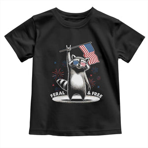 Funny Feral And Free Toddler T Shirt 4th of July Patriotic Raccoon With American Flag Fireworks TS11 Black Print Your Wear
