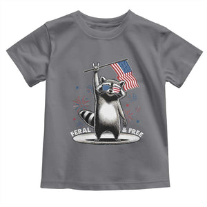 Funny Feral And Free Toddler T Shirt 4th of July Patriotic Raccoon With American Flag Fireworks TS11 Charcoal Print Your Wear