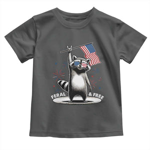 Funny Feral And Free Toddler T Shirt 4th of July Patriotic Raccoon With American Flag Fireworks TS11 Dark Heather Print Your Wear