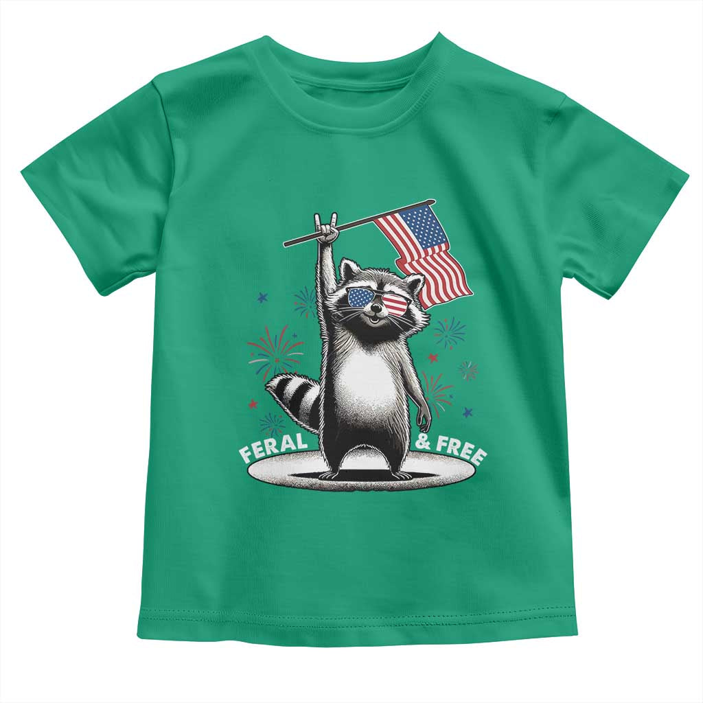Funny Feral And Free Toddler T Shirt 4th of July Patriotic Raccoon With American Flag Fireworks TS11 Irish Green Print Your Wear