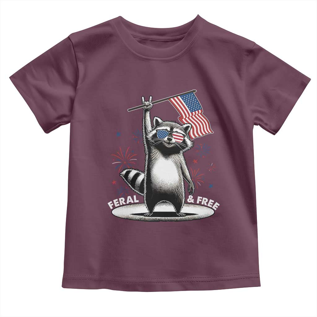 Funny Feral And Free Toddler T Shirt 4th of July Patriotic Raccoon With American Flag Fireworks TS11 Maroon Print Your Wear