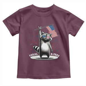 Funny Feral And Free Toddler T Shirt 4th of July Patriotic Raccoon With American Flag Fireworks TS11 Maroon Print Your Wear
