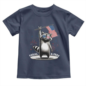 Funny Feral And Free Toddler T Shirt 4th of July Patriotic Raccoon With American Flag Fireworks TS11 Navy Print Your Wear