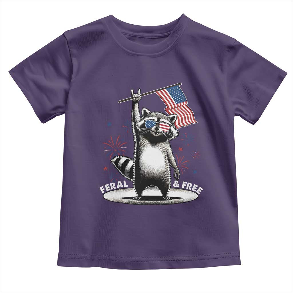 Funny Feral And Free Toddler T Shirt 4th of July Patriotic Raccoon With American Flag Fireworks TS11 Purple Print Your Wear