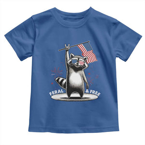 Funny Feral And Free Toddler T Shirt 4th of July Patriotic Raccoon With American Flag Fireworks TS11 Royal Blue Print Your Wear