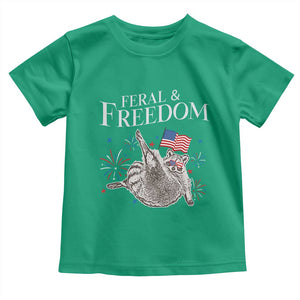 Funny Feral And Free Toddler T Shirt 4th of July Patriotic Raccoon With American Flag TS11 Irish Green Print Your Wear