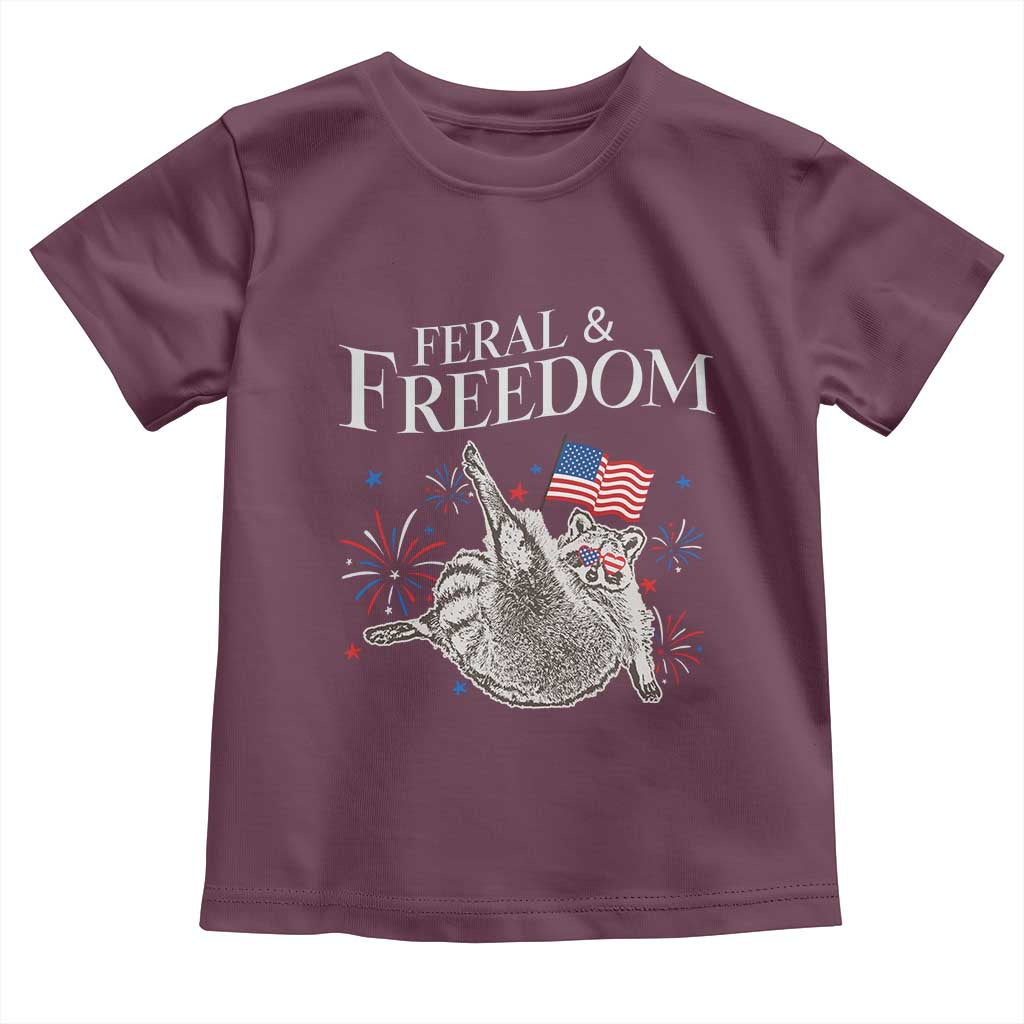 Funny Feral And Free Toddler T Shirt 4th of July Patriotic Raccoon With American Flag TS11 Maroon Print Your Wear