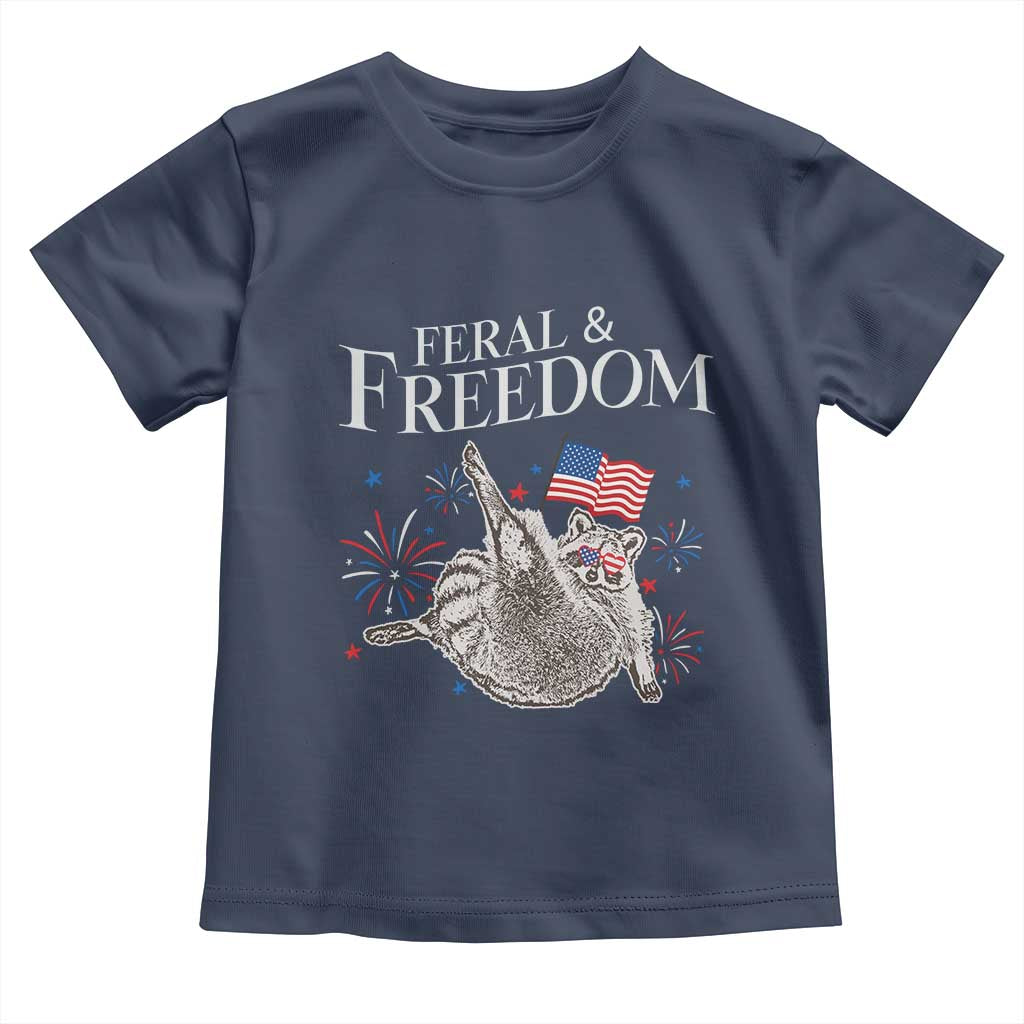 Funny Feral And Free Toddler T Shirt 4th of July Patriotic Raccoon With American Flag TS11 Navy Print Your Wear
