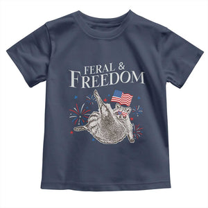 Funny Feral And Free Toddler T Shirt 4th of July Patriotic Raccoon With American Flag TS11 Navy Print Your Wear