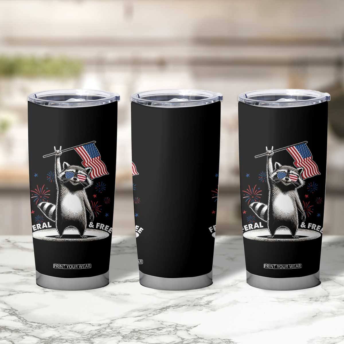Funny Feral And Free Tumbler Cup 4th of July Patriotic Raccoon With American Flag Fireworks TS11 Print Your Wear