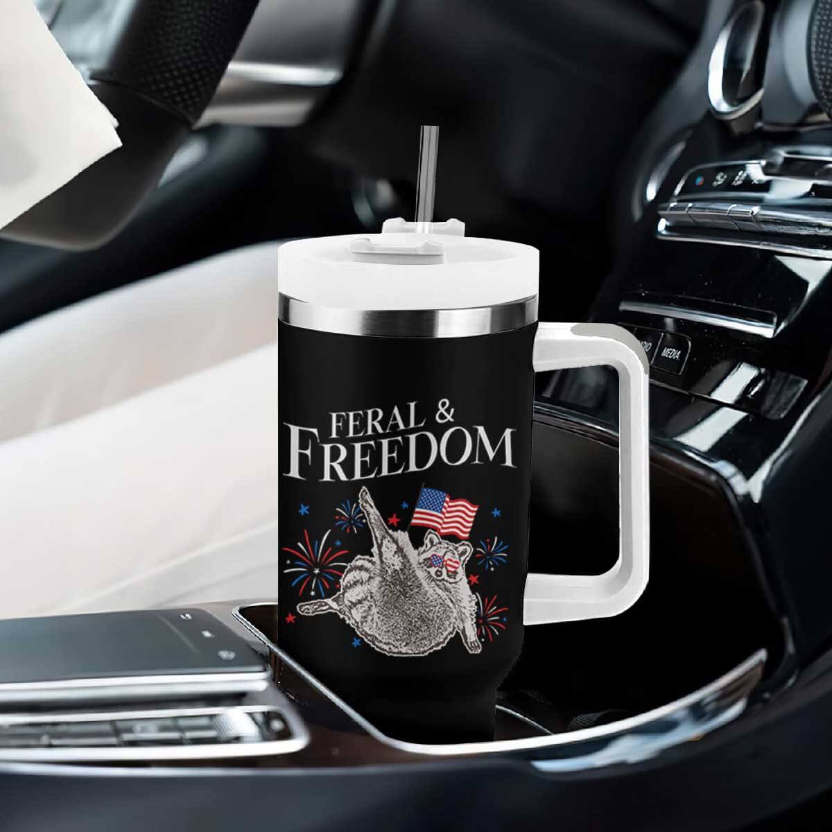 Funny Feral And Free Tumbler With Handle 4th of July Patriotic Raccoon With American Flag TS11 Print Your Wear
