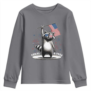 Funny Feral And Free Youth Sweatshirt 4th of July Patriotic Raccoon With American Flag Fireworks TS11 Charcoal Print Your Wear