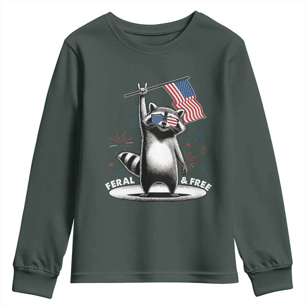 Funny Feral And Free Youth Sweatshirt 4th of July Patriotic Raccoon With American Flag Fireworks TS11 Dark Forest Green Print Your Wear
