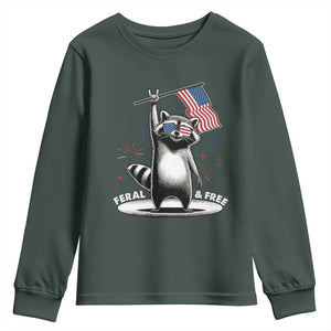 Funny Feral And Free Youth Sweatshirt 4th of July Patriotic Raccoon With American Flag Fireworks TS11 Dark Forest Green Print Your Wear