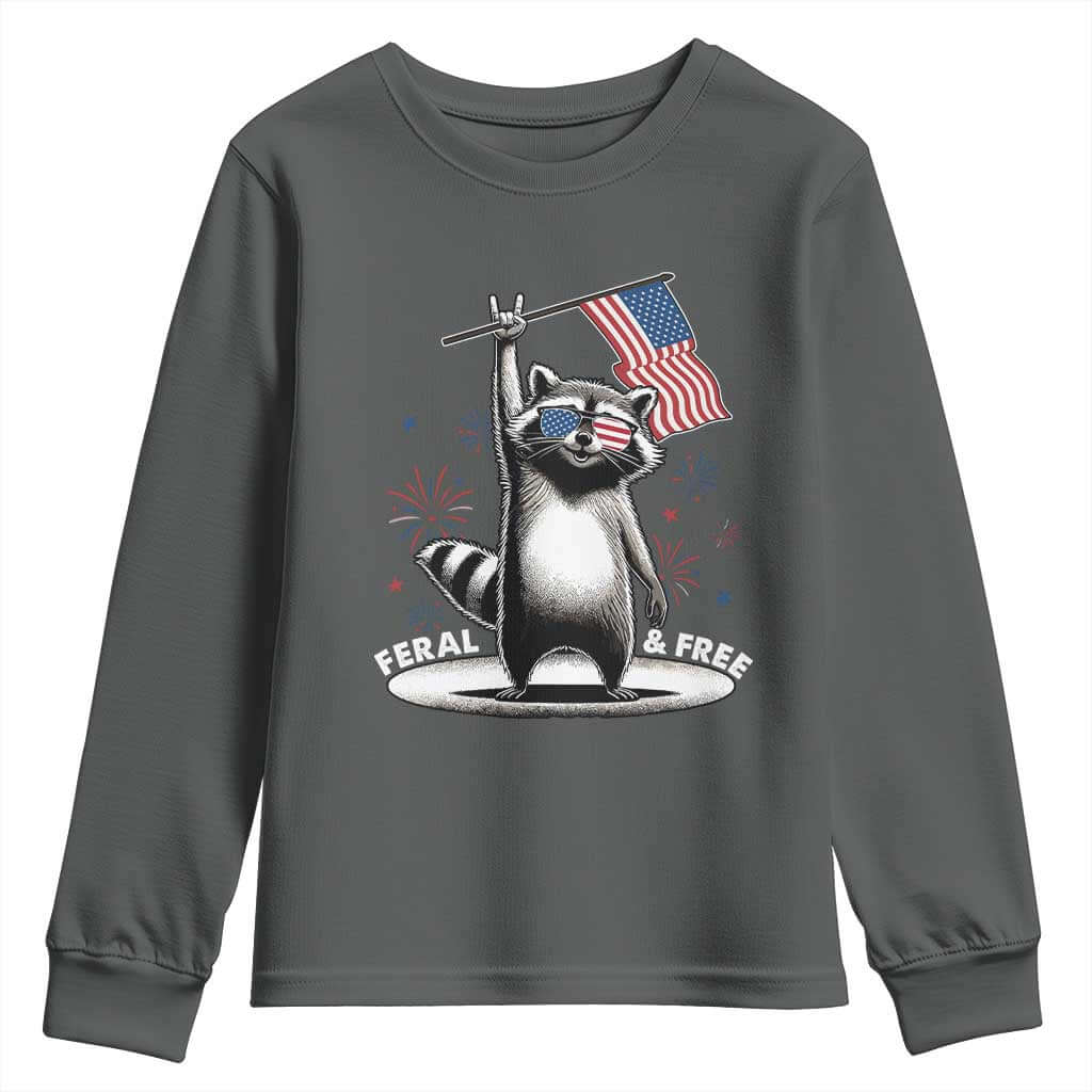 Funny Feral And Free Youth Sweatshirt 4th of July Patriotic Raccoon With American Flag Fireworks TS11 Dark Heather Print Your Wear
