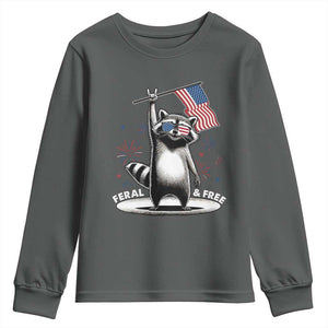 Funny Feral And Free Youth Sweatshirt 4th of July Patriotic Raccoon With American Flag Fireworks TS11 Dark Heather Print Your Wear