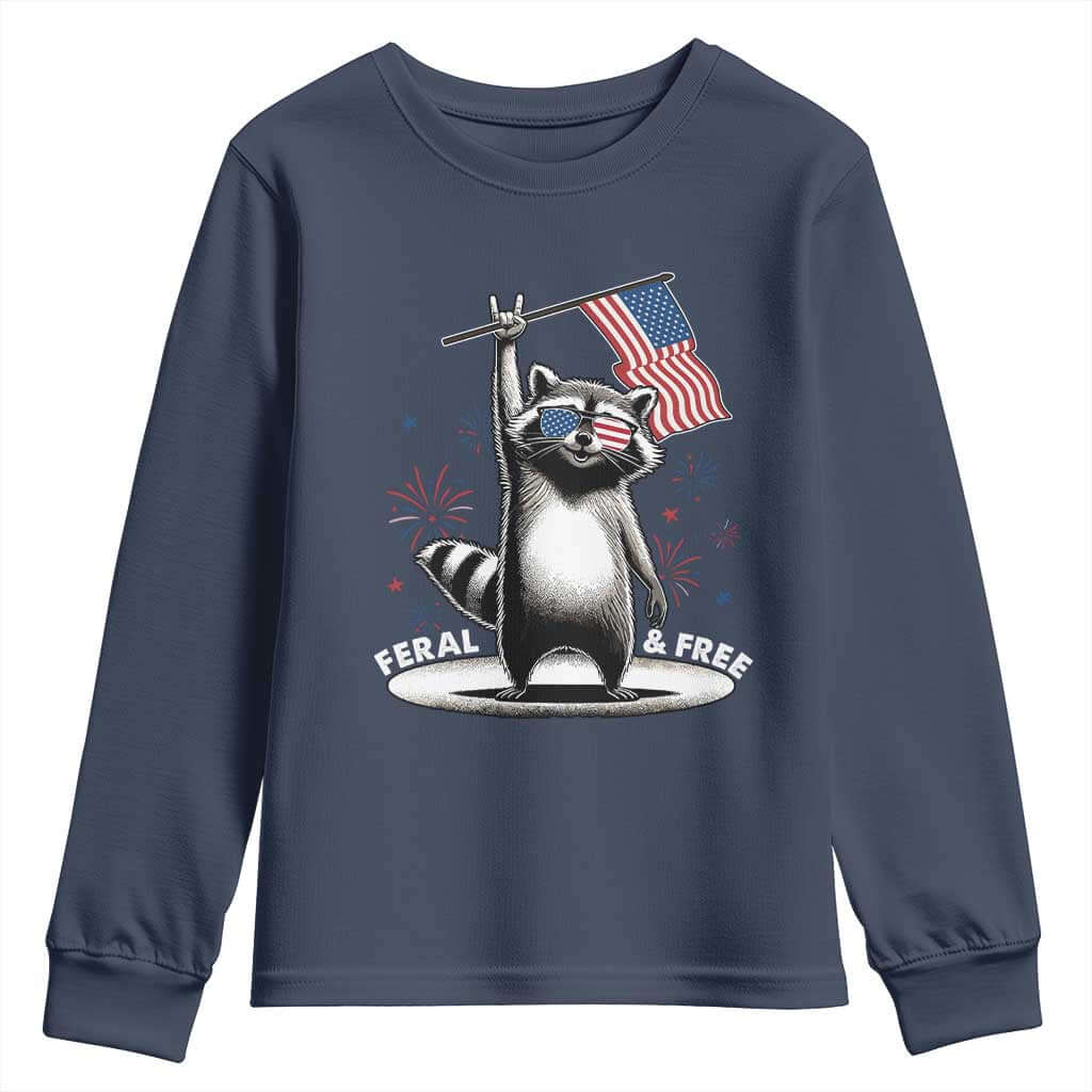 Funny Feral And Free Youth Sweatshirt 4th of July Patriotic Raccoon With American Flag Fireworks TS11 Navy Print Your Wear