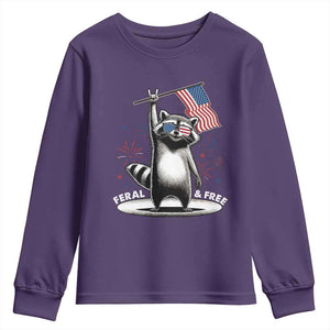Funny Feral And Free Youth Sweatshirt 4th of July Patriotic Raccoon With American Flag Fireworks TS11 Purple Print Your Wear