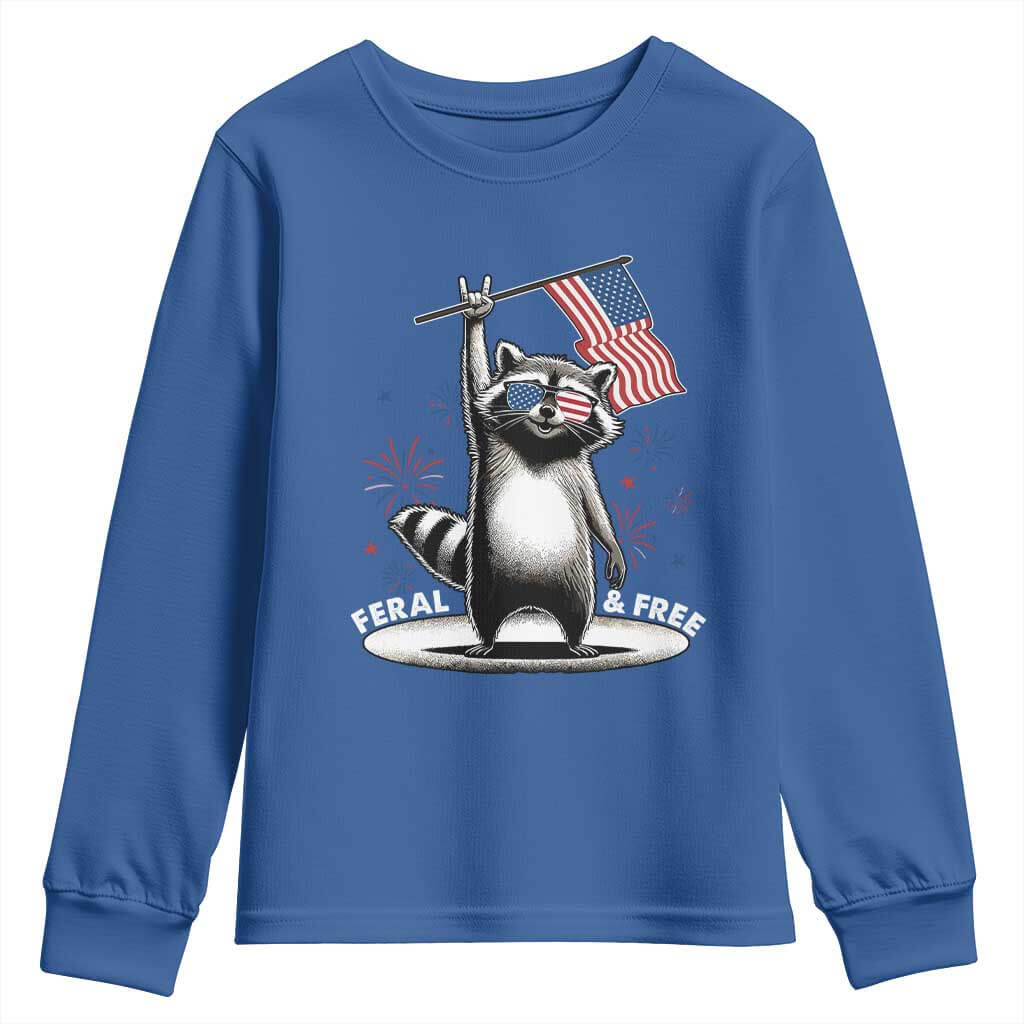 Funny Feral And Free Youth Sweatshirt 4th of July Patriotic Raccoon With American Flag Fireworks TS11 Royal Blue Print Your Wear