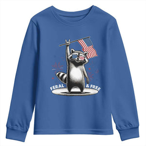 Funny Feral And Free Youth Sweatshirt 4th of July Patriotic Raccoon With American Flag Fireworks TS11 Royal Blue Print Your Wear