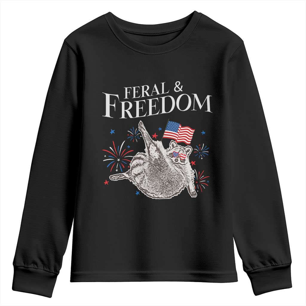 Funny Feral And Free Youth Sweatshirt 4th of July Patriotic Raccoon With American Flag TS11 Black Print Your Wear