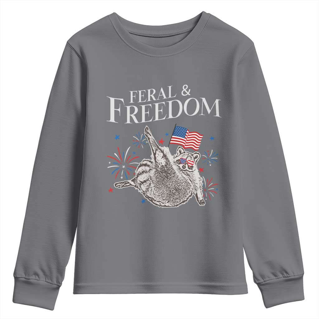 Funny Feral And Free Youth Sweatshirt 4th of July Patriotic Raccoon With American Flag TS11 Charcoal Print Your Wear