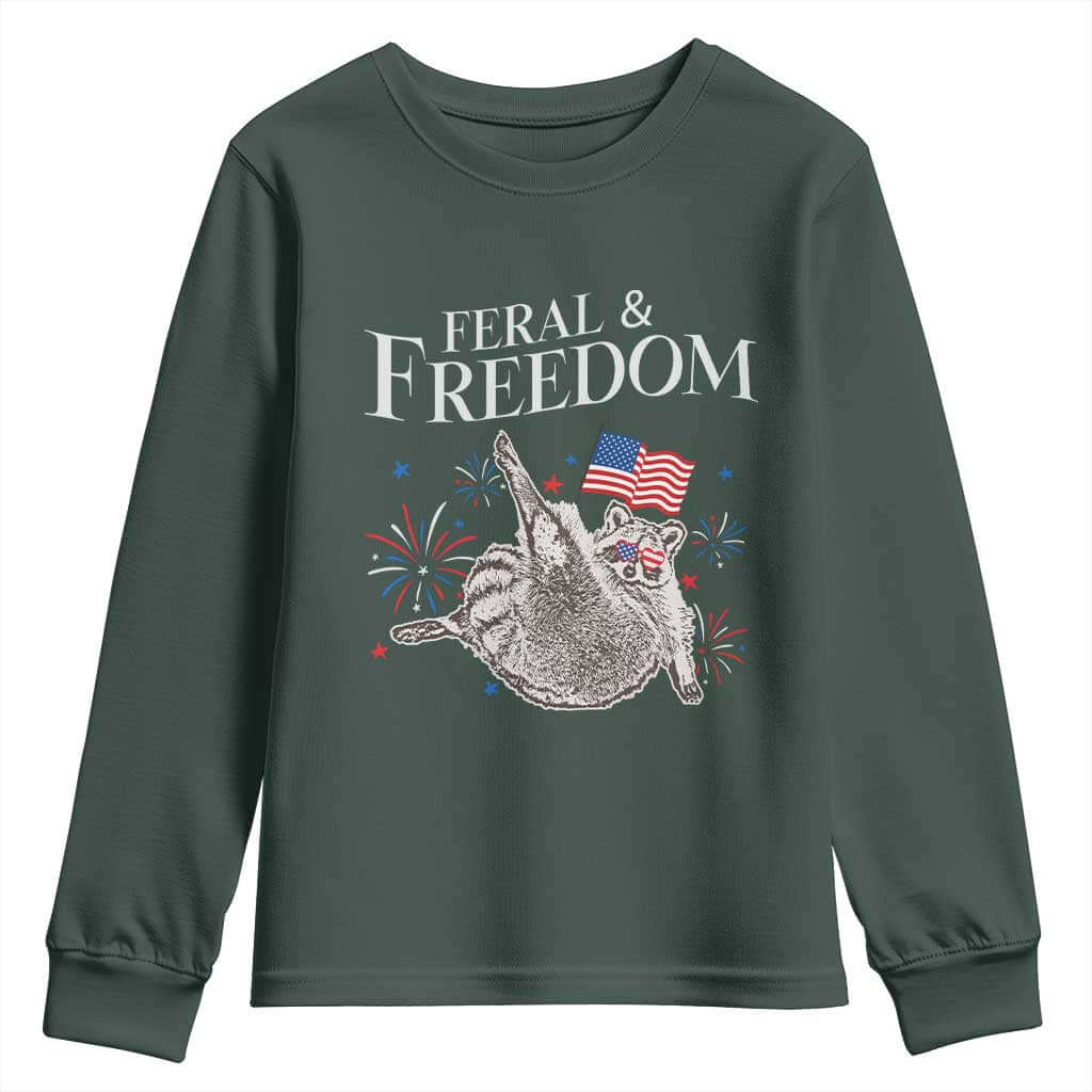 Funny Feral And Free Youth Sweatshirt 4th of July Patriotic Raccoon With American Flag TS11 Dark Forest Green Print Your Wear