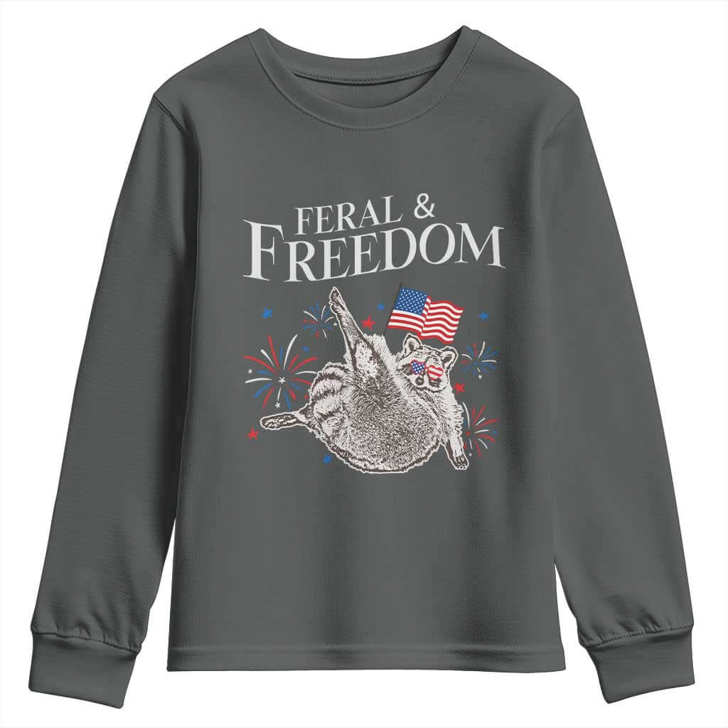 Funny Feral And Free Youth Sweatshirt 4th of July Patriotic Raccoon With American Flag TS11 Dark Heather Print Your Wear