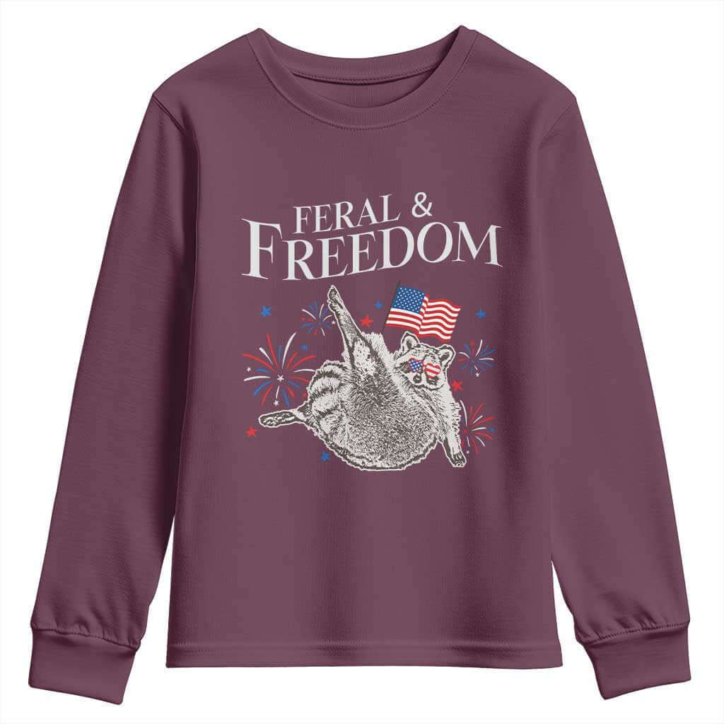 Funny Feral And Free Youth Sweatshirt 4th of July Patriotic Raccoon With American Flag TS11 Maroon Print Your Wear