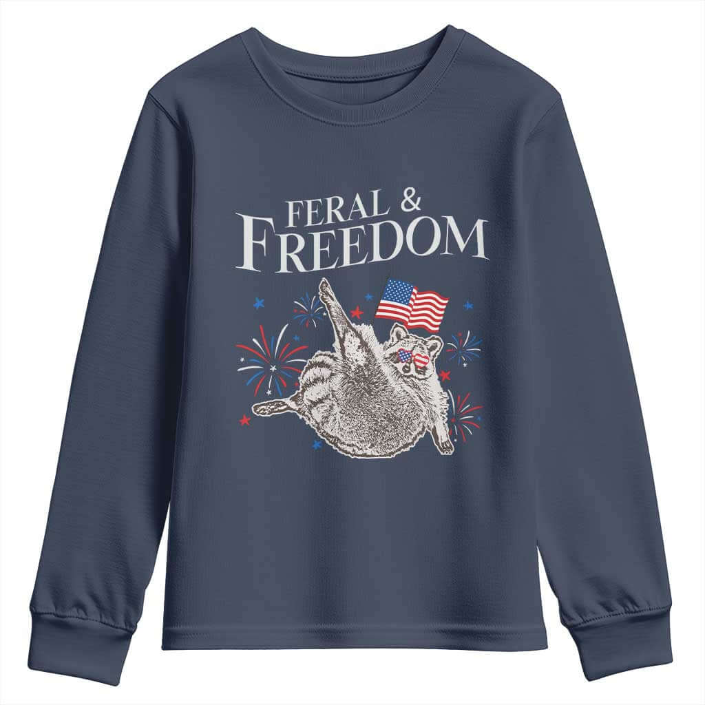 Funny Feral And Free Youth Sweatshirt 4th of July Patriotic Raccoon With American Flag TS11 Navy Print Your Wear