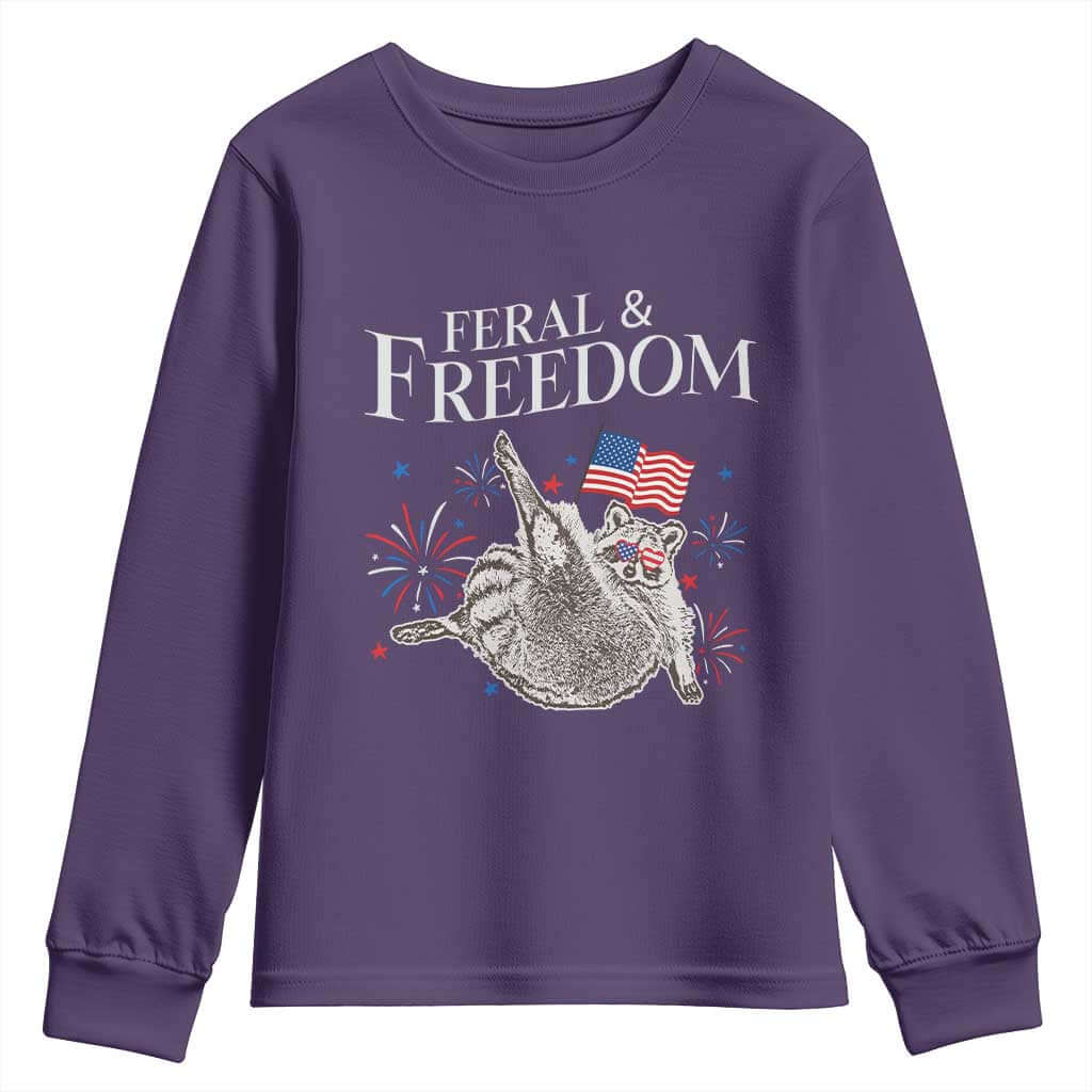 Funny Feral And Free Youth Sweatshirt 4th of July Patriotic Raccoon With American Flag TS11 Purple Print Your Wear