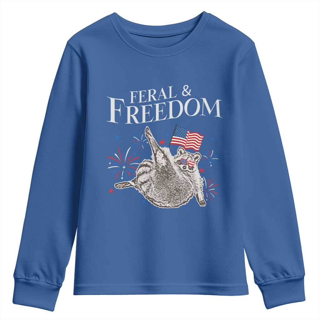 Funny Feral And Free Youth Sweatshirt 4th of July Patriotic Raccoon With American Flag TS11 Royal Blue Print Your Wear