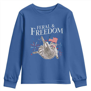 Funny Feral And Free Youth Sweatshirt 4th of July Patriotic Raccoon With American Flag TS11 Royal Blue Print Your Wear