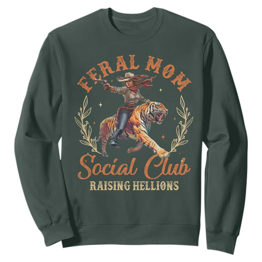 Funny Feral Mom Social Club Raising Hellions Sweatshirt Mother's Day TS11 Dark Forest Green Print Your Wear