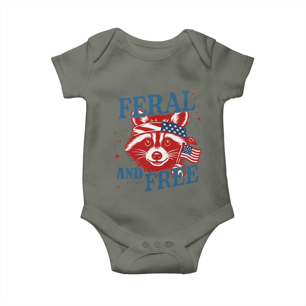 Funny Feral and Free Raccoon Baby Onesie Patriotic Bandana Animal 4th of July US Flag TS02 Military Green Print Your Wear