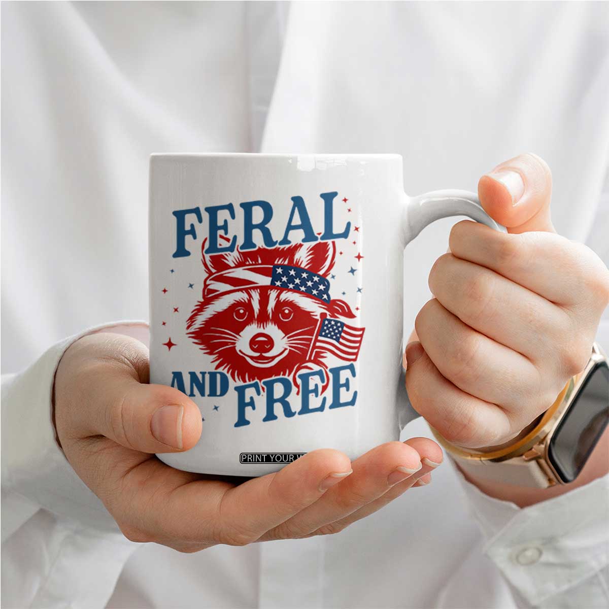 Funny Feral and Free Raccoon Coffee Mug Patriotic Bandana Animal 4th of July US Flag TS02 Print Your Wear