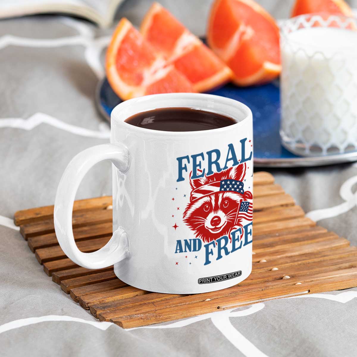 Funny Feral and Free Raccoon Coffee Mug Patriotic Bandana Animal 4th of July US Flag TS02 Print Your Wear