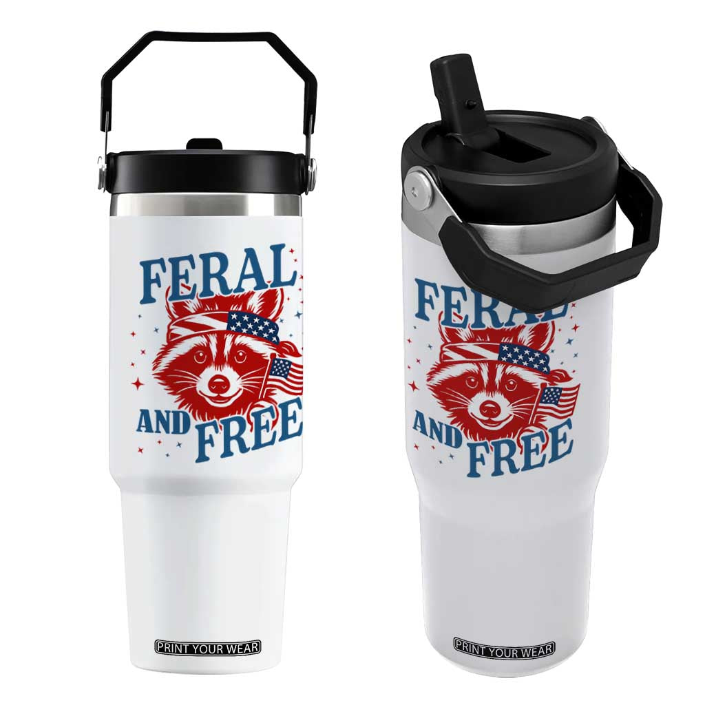 Funny Feral and Free Raccoon Flip Straw Tumbler Patriotic Bandana Animal 4th of July US Flag TS02 One Size: 30 oz White Print Your Wear