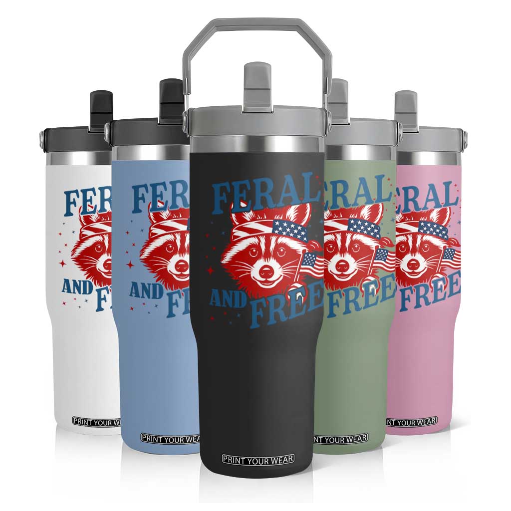 Funny Feral and Free Raccoon Flip Straw Tumbler Patriotic Bandana Animal 4th of July US Flag TS02 Print Your Wear