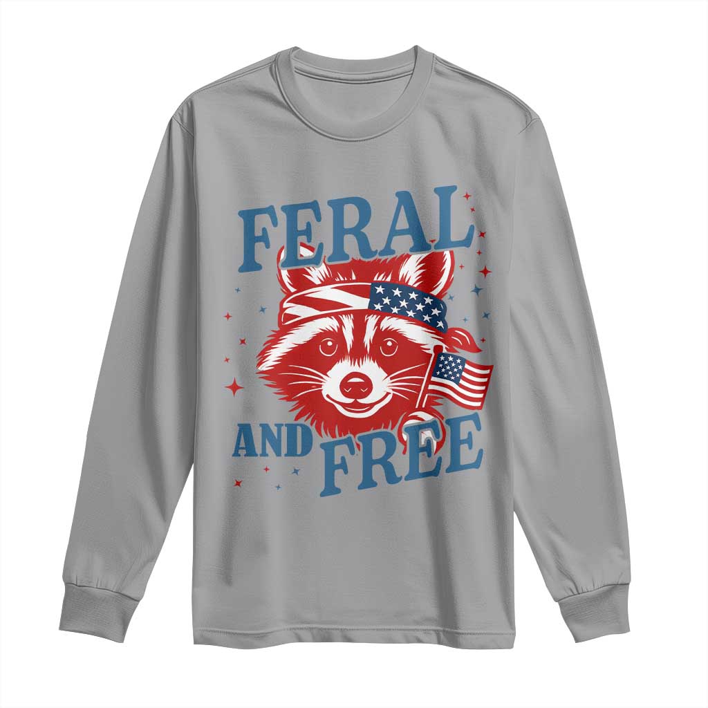 Funny Feral and Free Raccoon Long Sleeve Shirt Patriotic Bandana Animal 4th of July US Flag TS02 Sport Gray Print Your Wear